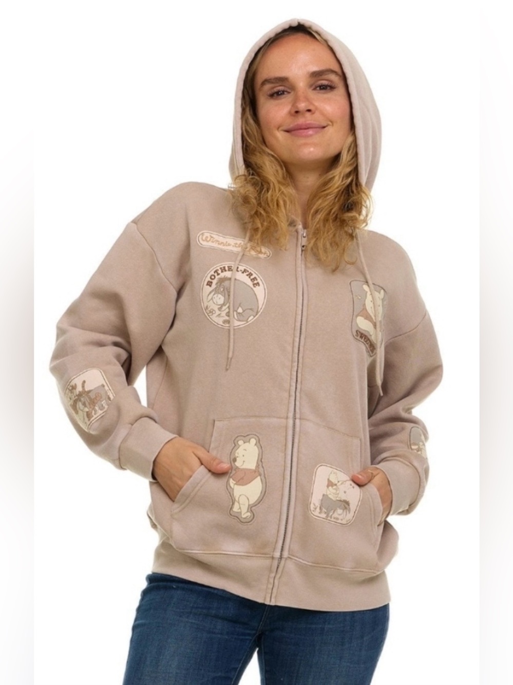 Disney Winnie the Pooh Zip Hoodie XL Cream Patch Appliqué Oversized
